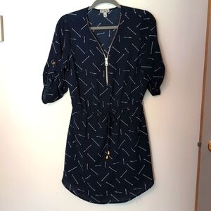 J for Justify Size M Navy Blue alar row Dress with gold zipper detail, tie waist